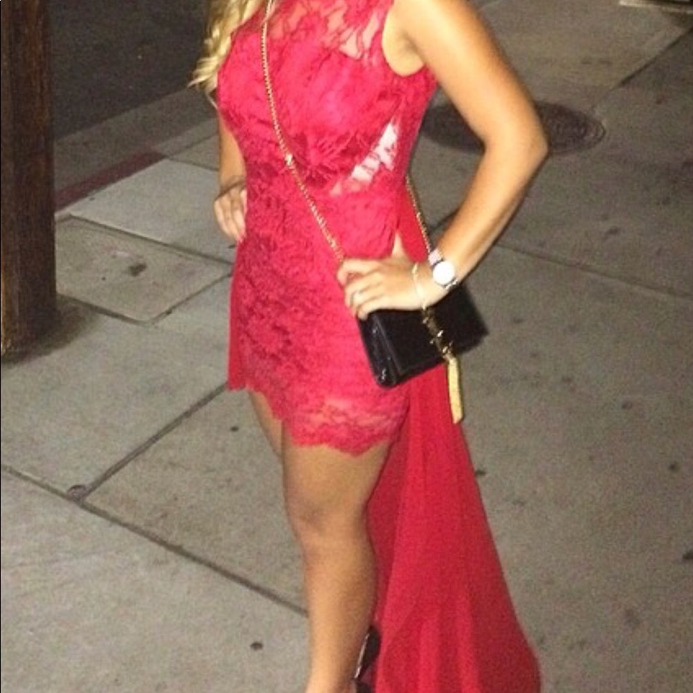 Red Lace mini dress with shear train